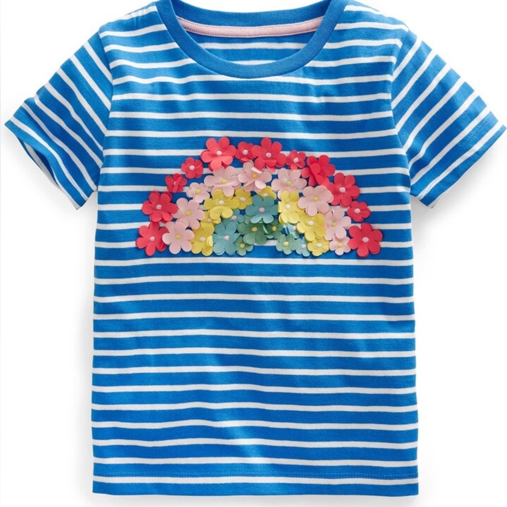 Mini Boden Striped T-Shirt with 3D Floral Rainbow Design 5-6 Years